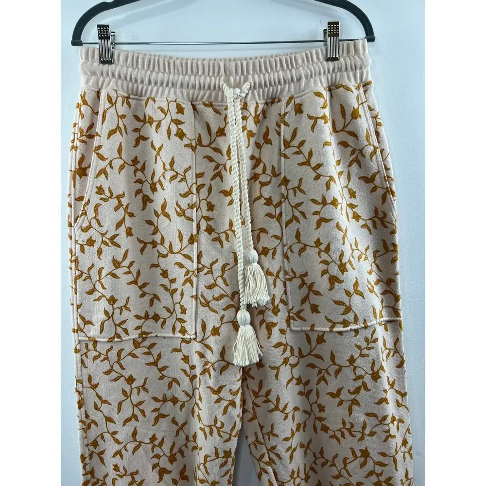 ULLA JOHNSON Cream Brown Drawstring Waist Floral Rose Charley Pant Size L NEW
